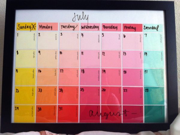 Paint sample calender made from a frame, paint samples in the colors of your choice, a poster board for the background and glue.