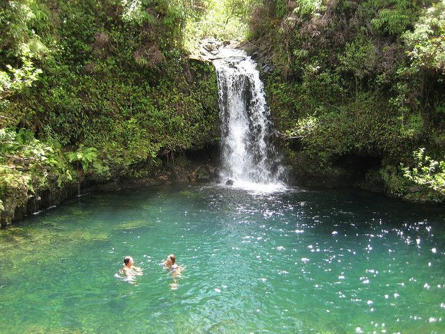 Puaa Kaa State Wayside in Maui Hawaii is a roadside stop where you can swim under a waterfall in the rainforest.