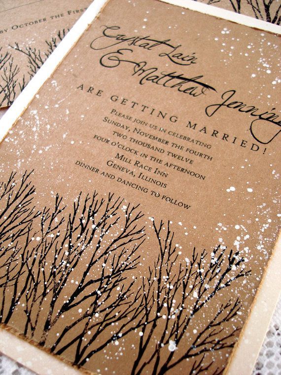 Splash white paint onto forest scene. Winter Wedding Invitation hand stamped and painted. via Etsy.
