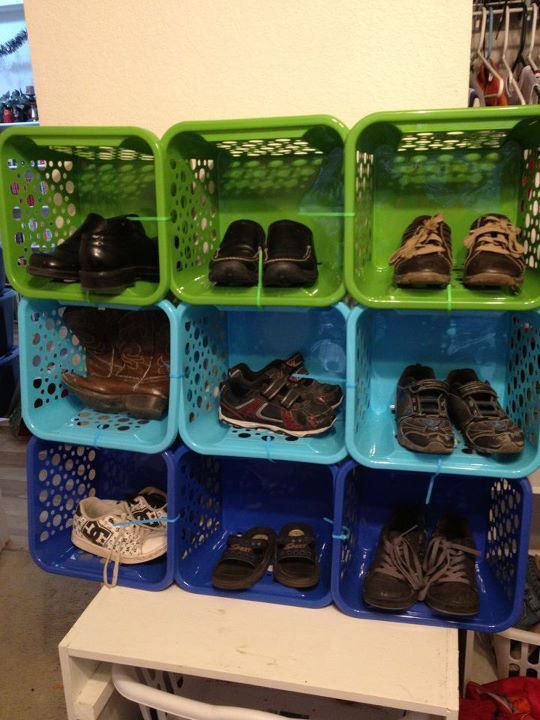 zipties, dollar store baskets – shoe storage or individual “locker” shelves.