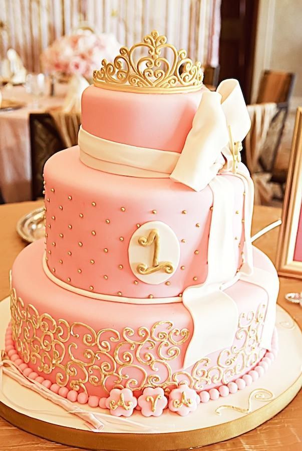 ADORABLE PINK + GOLD CAKE. Would be cute with babys initial instead of the 1