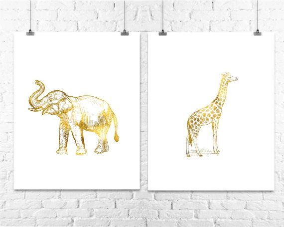 Elephant and Giraffe Gold Foil Prints