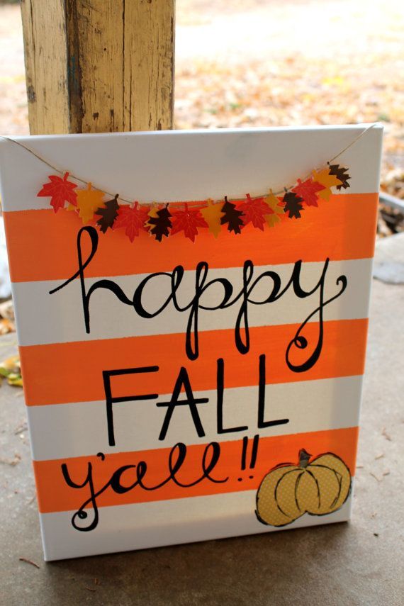 Happy Fall Yall // orange and white stripes // pumpkin and leaves // 11×14 in canvas $45