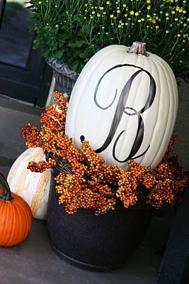 Love it! White pumpkin, monogram, mum in the distance. This would look awesome on my porch.