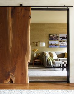 Love this slab wood barn-type door!   ~ ♥