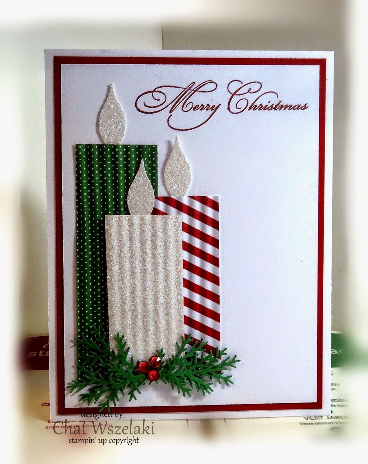 Stamps: All Year Cheer Paper: Designer papers, Cherry Cobbler, Whisper White Ink: Cherry Cobbler, glimmer paper Accessories: