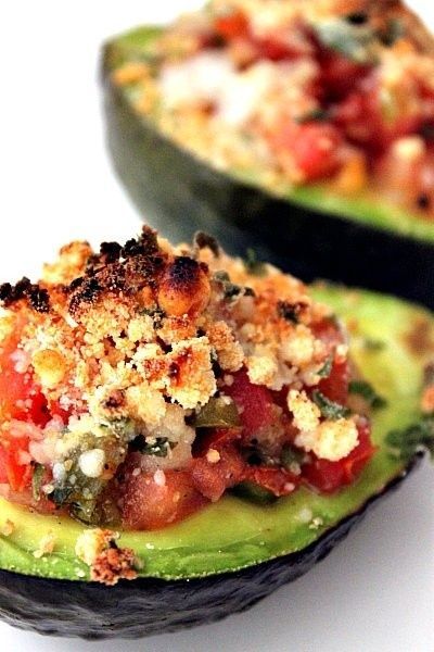 Bake avocados at 450F for 5 minutes. Filling is a mixture of salsa/tomatoes, cheese, bread crumbs, basil, garlic, lemon, salt and