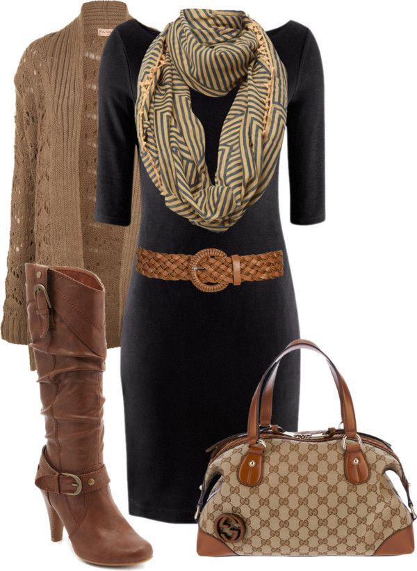 Black dress + camel cardi, boots, belt