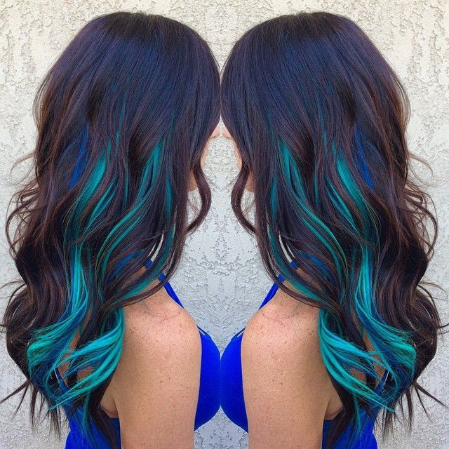 Brown Hair With Blue and Turquoise Streaks