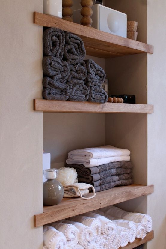 Built-in shelving for the bathroom. Good idea for our small shelf outside the bathroom
