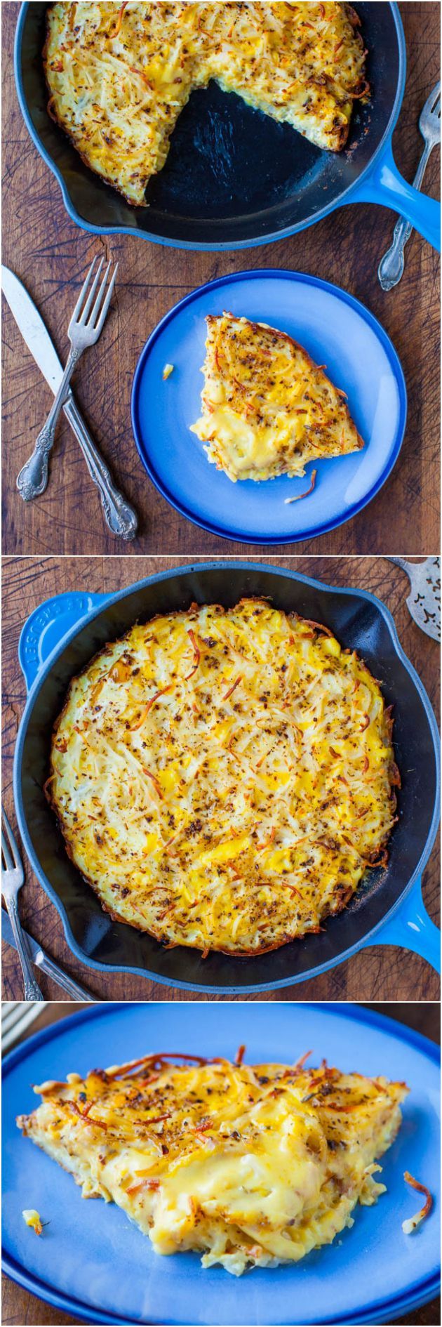 Creamy and Crispy Hash Browns Frittata – Potatoes and eggs in an easy one-skillet meal! Love this easy comfort food recipe!