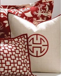 Custom-made red and white Asian-inspired decorative pillows from the Crystal Lake bedding collection by Legacy Home.