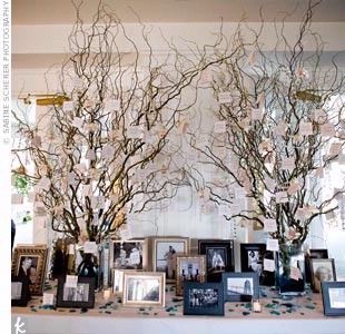 Display of pictures: bride and groom growing up; or wedding photos of family members; a memorial display of past loved ones