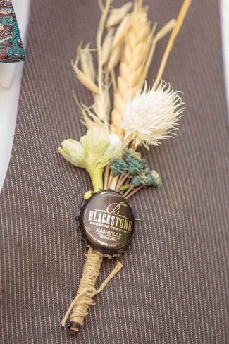 DIY Vintage Boutonnieres created from vintage-inspired bottle caps, a colorful mix of masculine flowers and twine