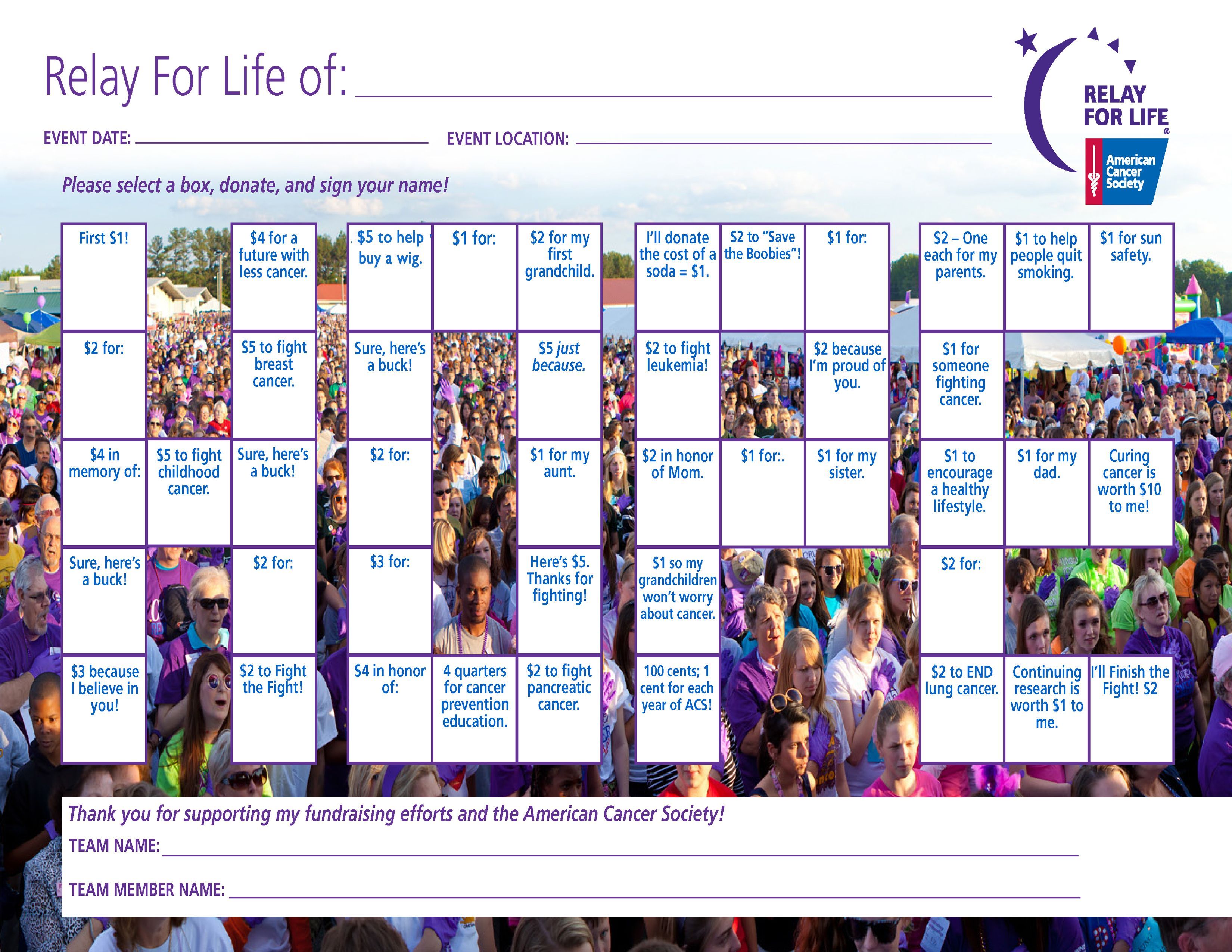 Easy Relay For Life Fundraiser – Hope Bingo Chart – fill it up, and you have your first $100!