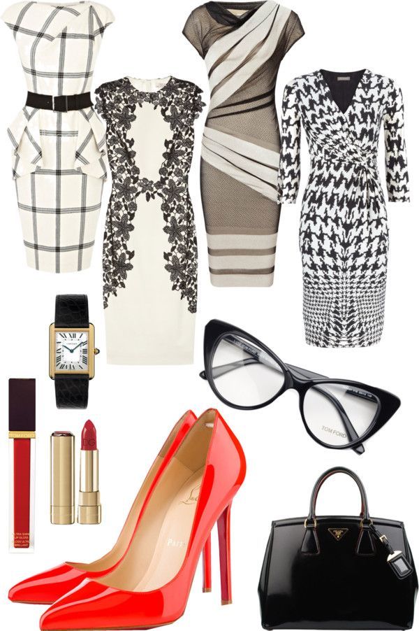 “Executive chic business attire with a pop of red: black patent Prada bag, red patent louboutin pumps, Cartier tank watch, dolce