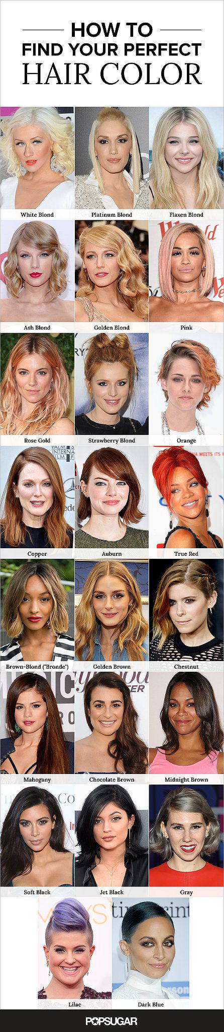 From the brightest blond to the darkest brunette, our hair-color guide covers them all.
