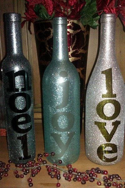Glitter Wine Bottles – Emily and her friends love glitter.  Great way to use empty wine bottles!