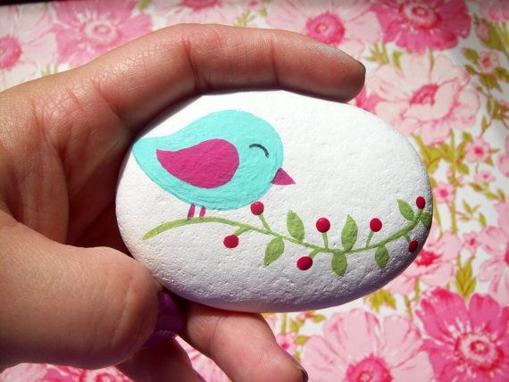 Hand Painted Bird in Tree Stone by CheeryGiftsAndDecor on Etsy, $12.00