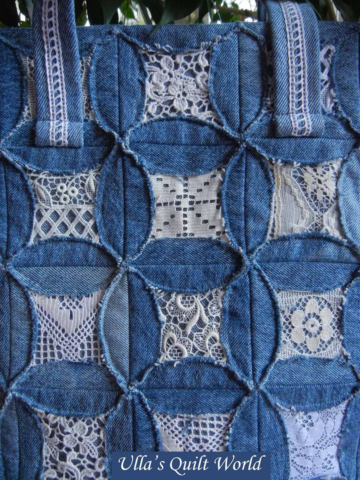 I know that this is a bag, but I may have to make a quilt like this.  faux cathedral quilt & lace.  This would be a great way to