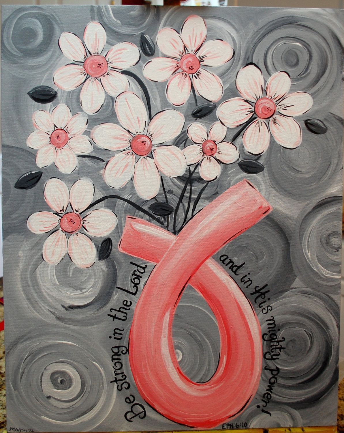 Love this!!  Breast Cancer Awareness Ribbon, Survivor Painting, Daisies, Flowers, Bible Verse, Scripture. $75.00, via Etsy.