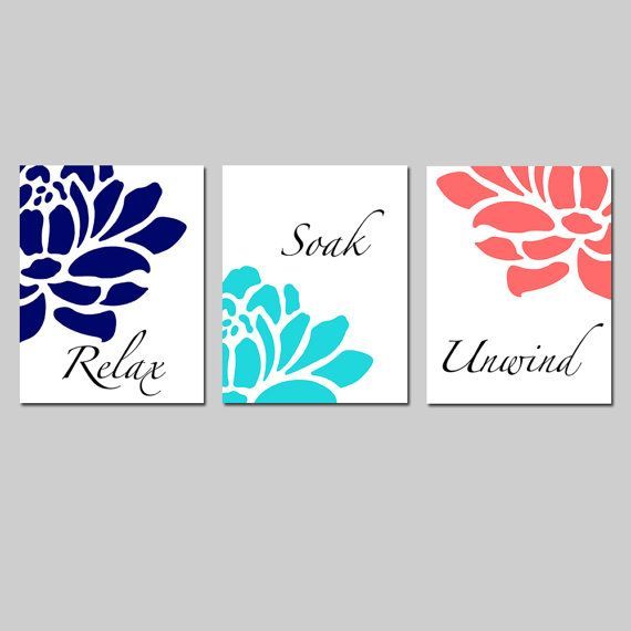 Navy Aqua Coral Floral Bathroom Art – Set of Three 8×10 Prints – Relax, Soak, Unwind – Flowers – Petals – Bathtub – Spa – Choose