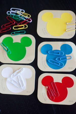 Paper clip and paint chip color matching. The fact that these paint chips are Mickey Mouse shaped sure makes it more fun!