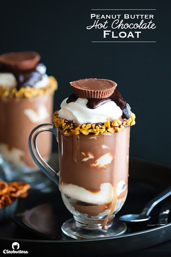 Peanut Butter Hot Chocolate Float…Thick hot chocolate that tastes just like a peanut butter cup poured over vanilla ice cream.