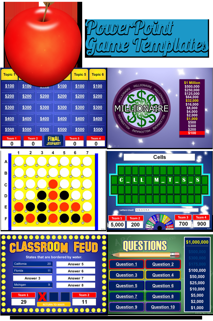 PowerPoint game templates that play just like your students favorite game shows including Jeopardy, Family Feud, Wheel of Fortune,