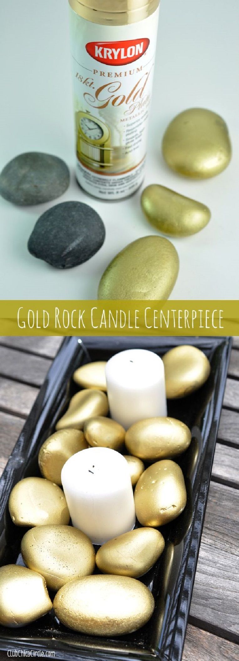 Put these around the candles perhaps?  Gold Rock Candle Centerpiece – 16 DIY Decor Crafts for Your Home | GleamItUp