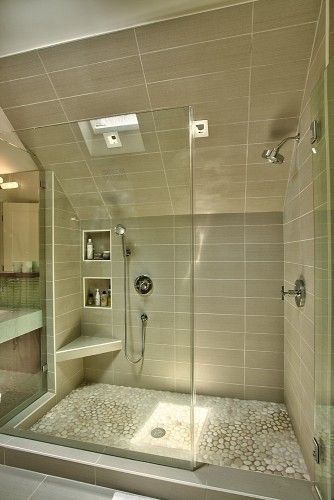 River rock tile for shower floor, elongated gray tiles for shower walls
