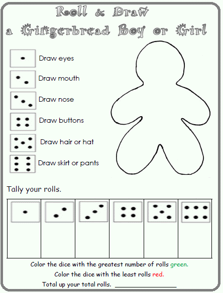Roll and tally dice game. Snowman and Gingerbread Printables. Great idea for math time! Probability and tallying are there, and