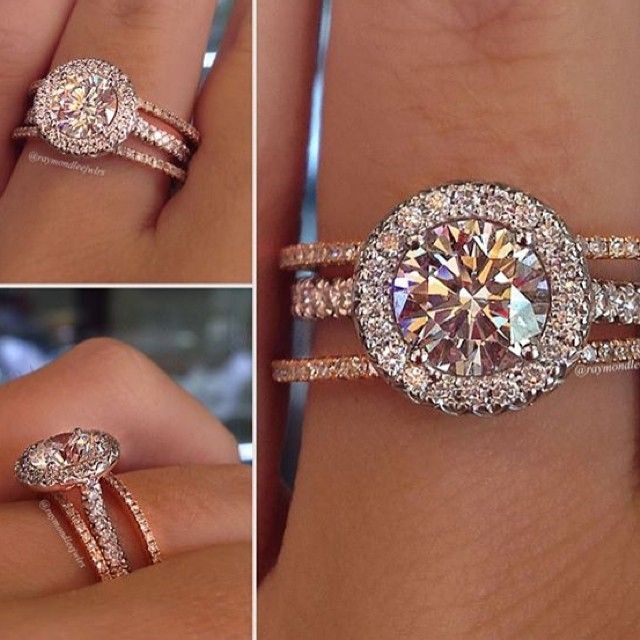 Round Halo Engagement ring with thin rose gold wedding bands