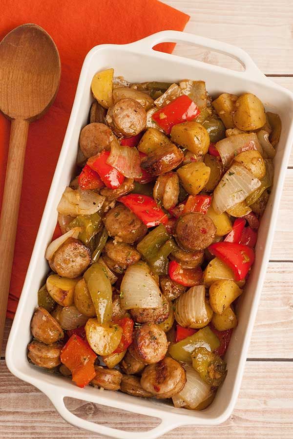 Balsamic-Roasted Sausage, Peppers and Potatoes Recipe ... -   Sausage and Potatoes with Onions and Garlic