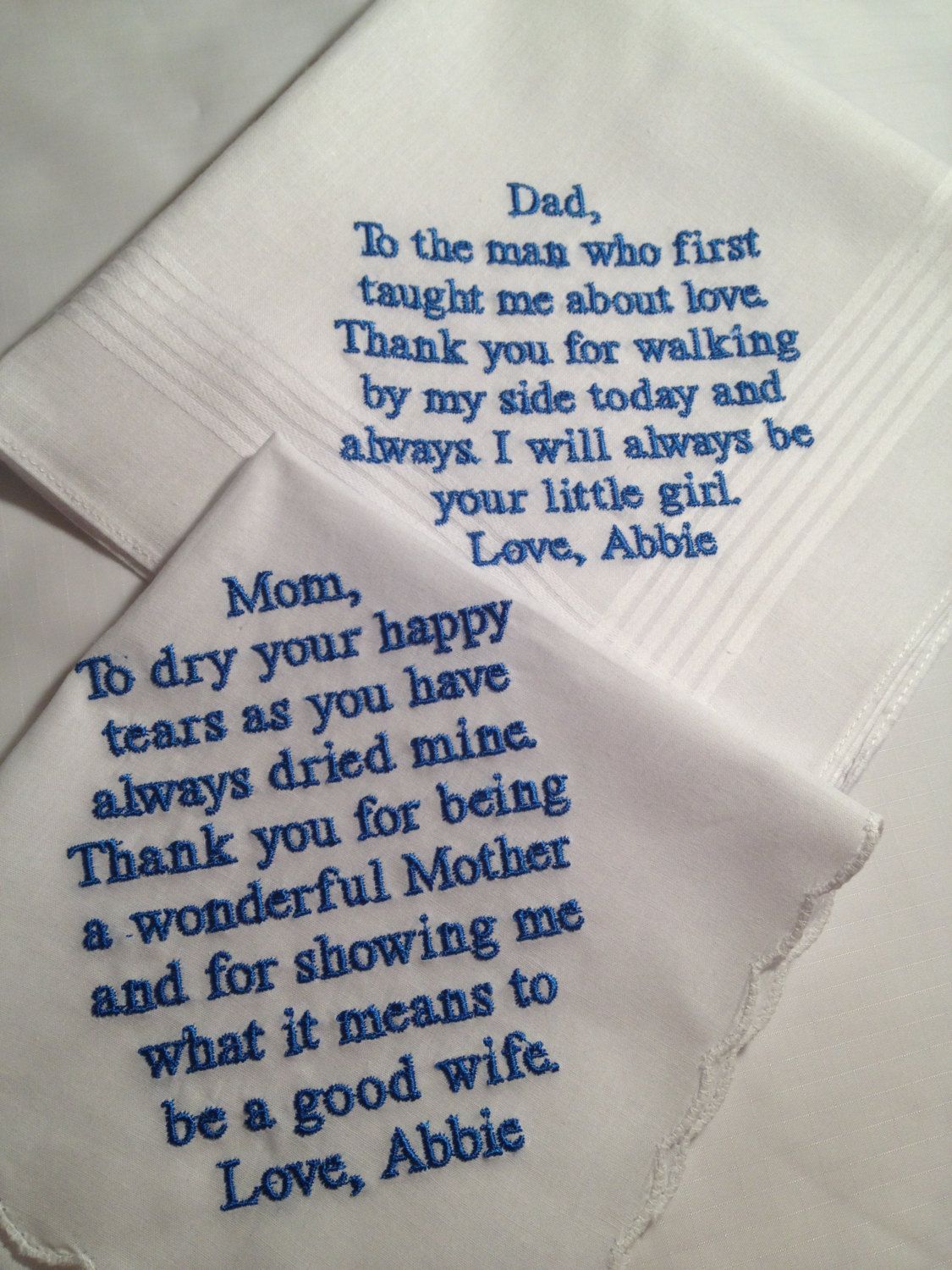 Set of Two Personalized WEDDING HANKIES Mother & Father of the Bride Gifts Hankerchief – Hankies. $35.00, via Etsy.