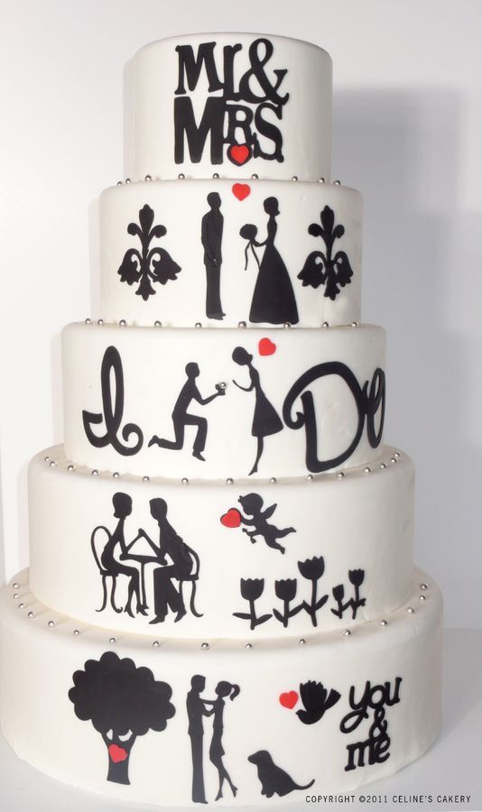 the wedding cake tells their love story. so cute.