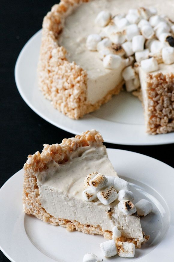 Toasted Marshmallow No Bake Cheesecake: Genius creation involving a crust made of Rice Krispie Treats and a vanilla bean toasted