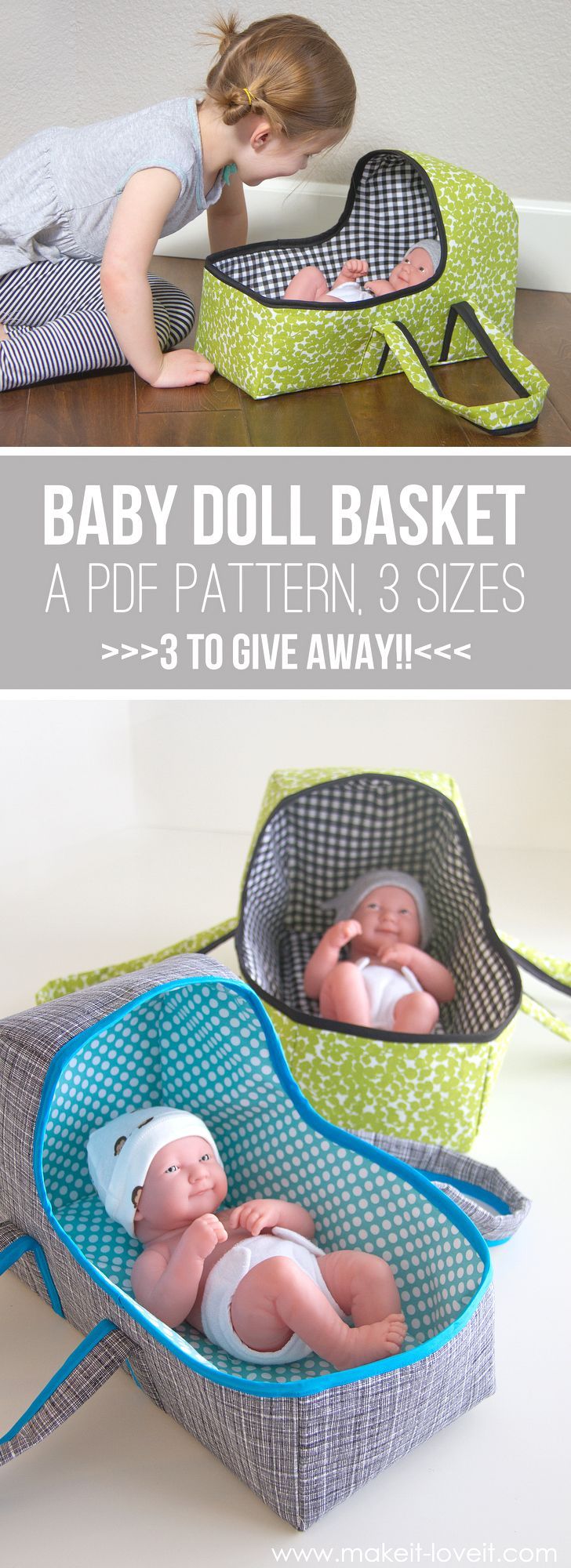 Baby Doll Basket Carrier…a PDF pattern, 3 sizes, plenty of pictures. 3 patterns to GIVE AWAY! | via Make It and Love It