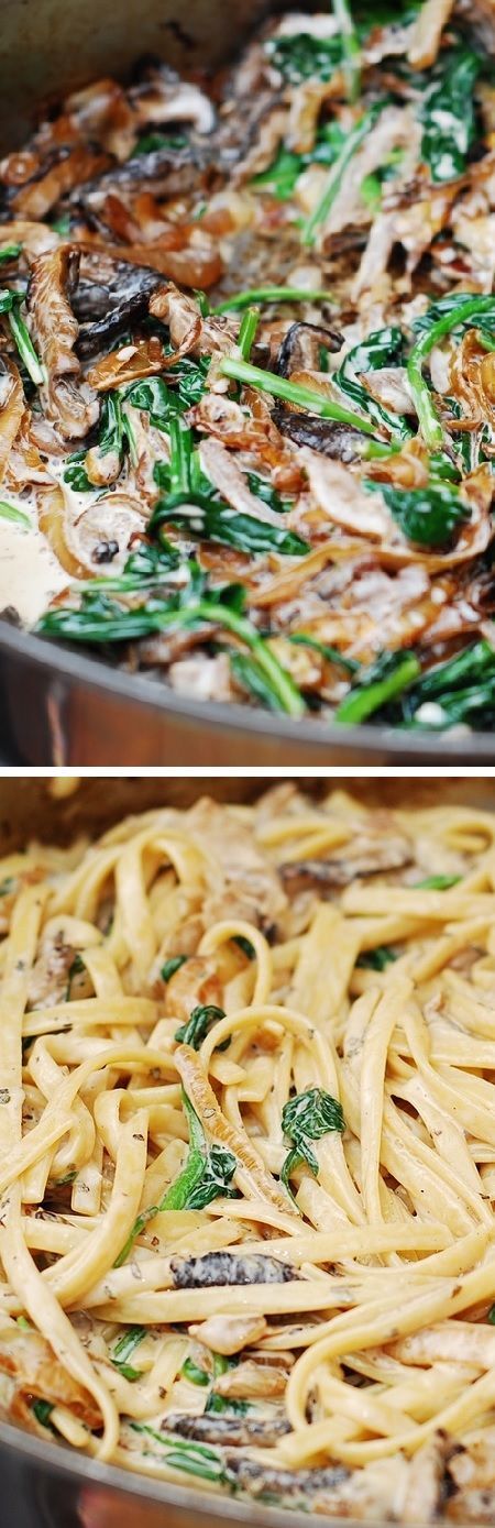Creamy mushroom pasta with caramelized onions and spinach – an Italian comfort food! @Julia