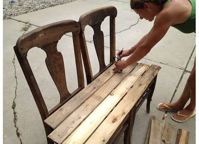 Creating a bench out of two old chairs and a pallet