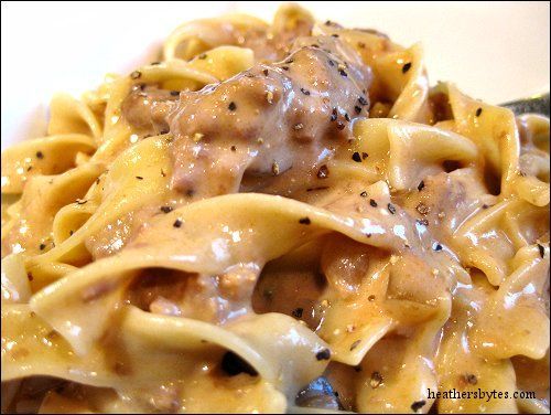 Crockpot Beef Stroganoff 1-2 lbs cube steak, cut into one-inch pieces 2 cans condensed golden mushroom soup (no substitutes!) 1