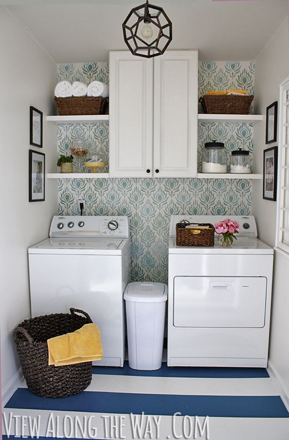 DIY laundry room update with stenciled walls and DIY painted vinyl floors via View Along the Way | Peacock Fancy Stencilo | Royal
