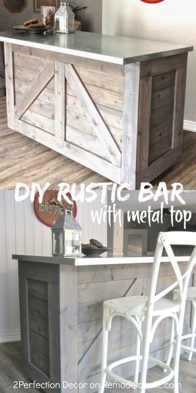 DIY rustic bar, made from an existing cabinet, with a galvanized metal countertop