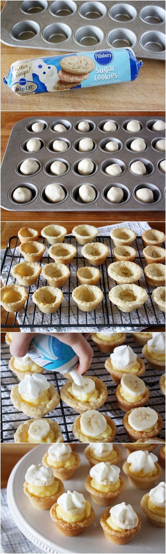 Easy peesy – mini banana cream pies. (Could even buy the mini tart shells instead of the cookie dough)