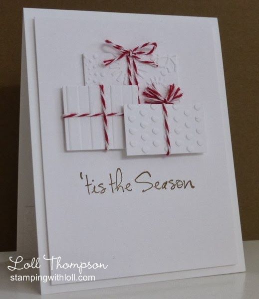 handmade Christmas card from Stamping with Loll … white with three packages in different embossed textures … red and white