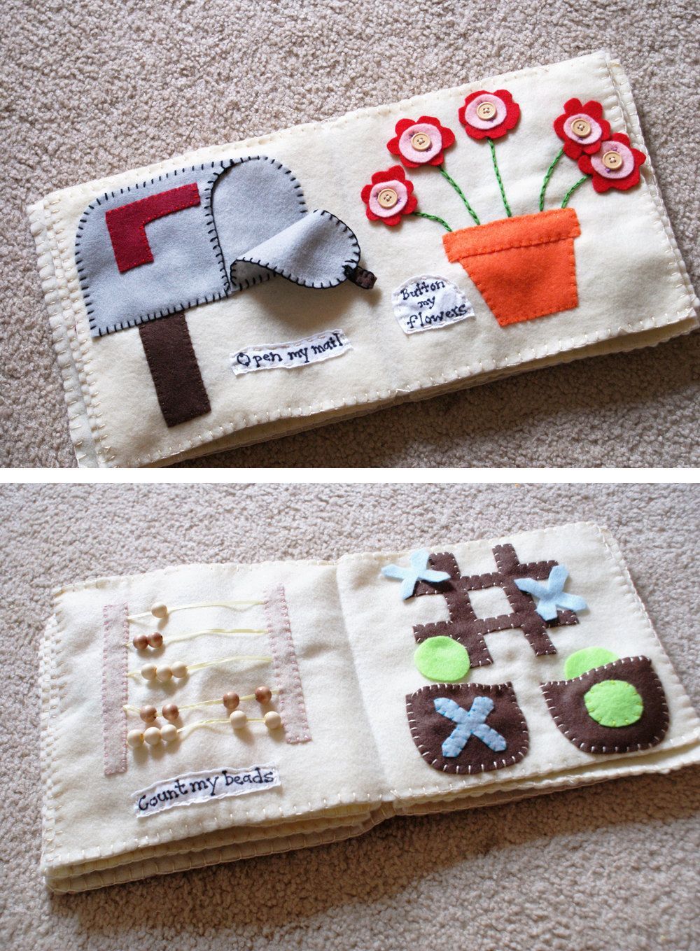 Interactive cloth books to sew for babies. You can even incorporate buttons, snaps, and other simple activities to occupy hands