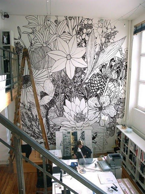 It would be neat to draw a picture and then blow it up on the wall and paint it :)  wall drawings – Charlotte Mann