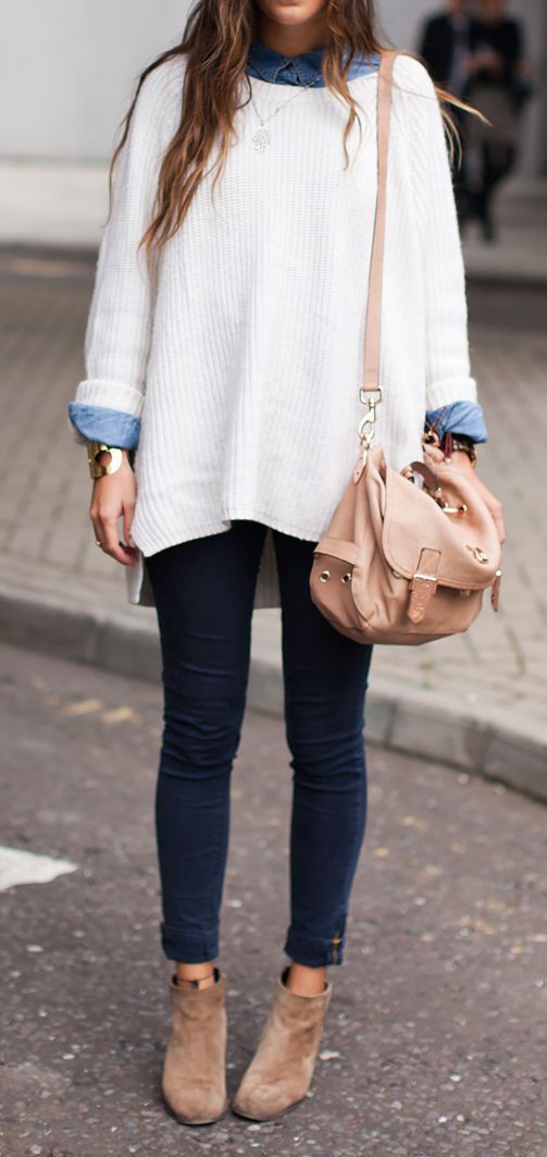 Lovely layers. White oversized sweater, denim shirt and jeans. Fall fashion trends 2015.