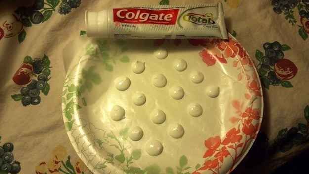 Make toothpaste dots. Blob out on a plate and sprinkle with baking soda. Let dry for two-three days and pop them into a resealable