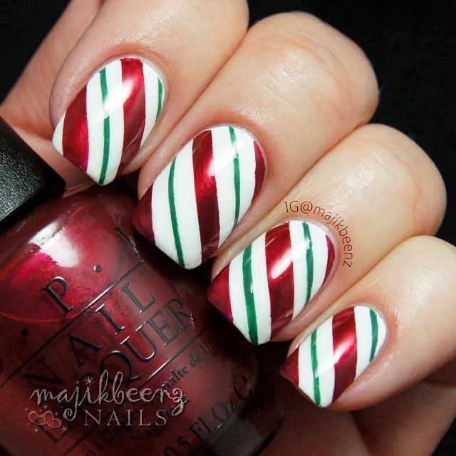 Nails / Nailart – Yummy candy cane stripes for Christmas. All OPI polishes: “Alpine Snow”, “Jade is the New Black” and “In My